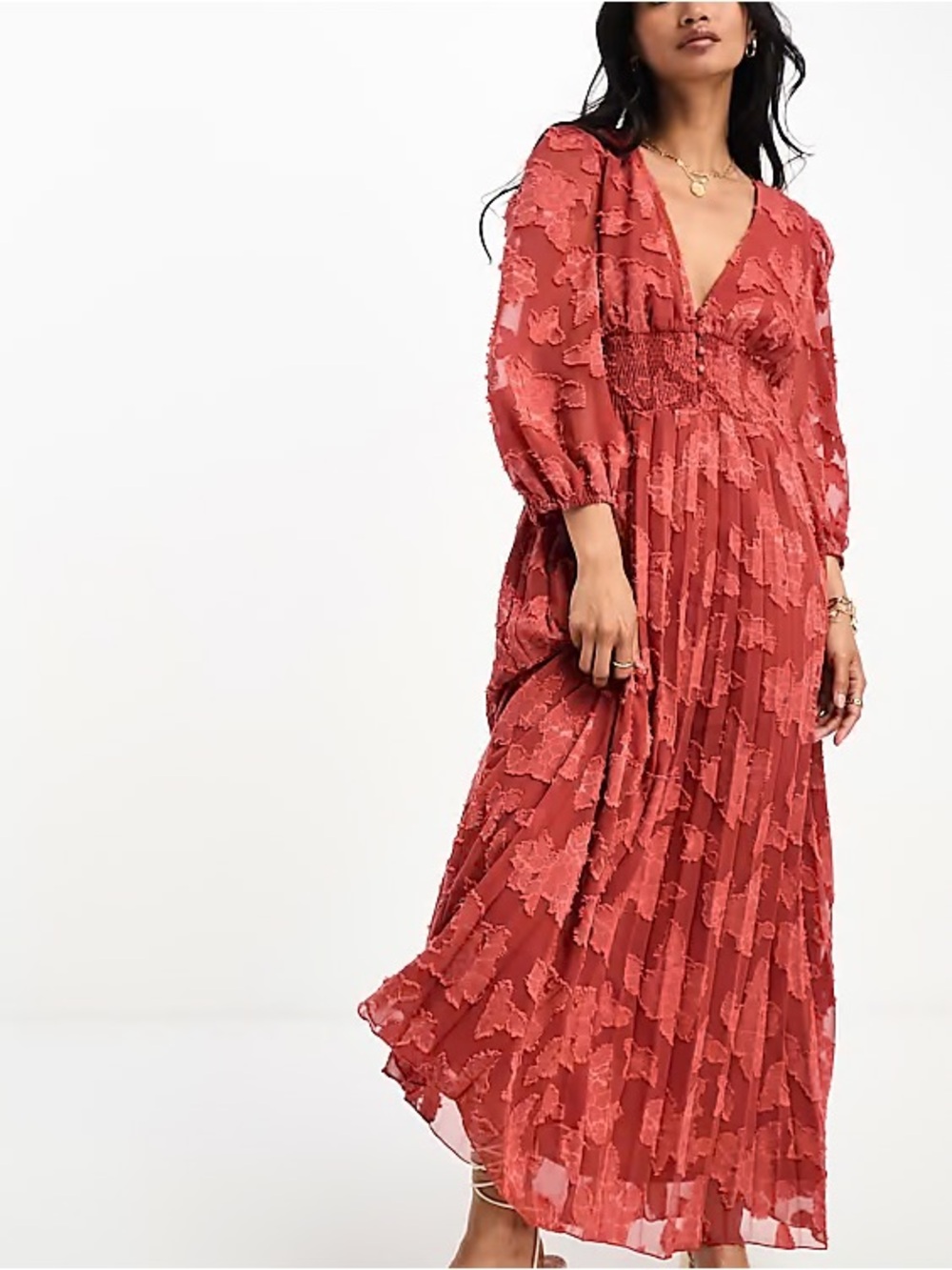 ASOS Rust Textured V-Neck Midi Dress